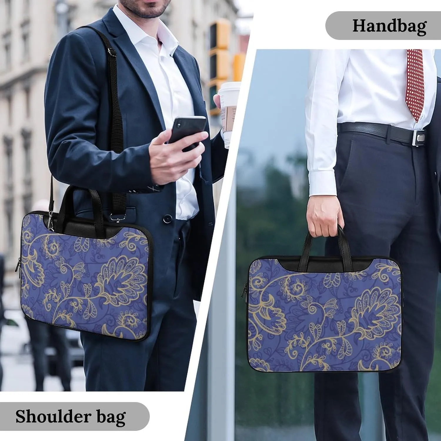 Romantic Flora Leaves Ornate Petals Leather Bag Laptop Case Slim Water Resistant Computer Bags with Handle Briefcase for Work
