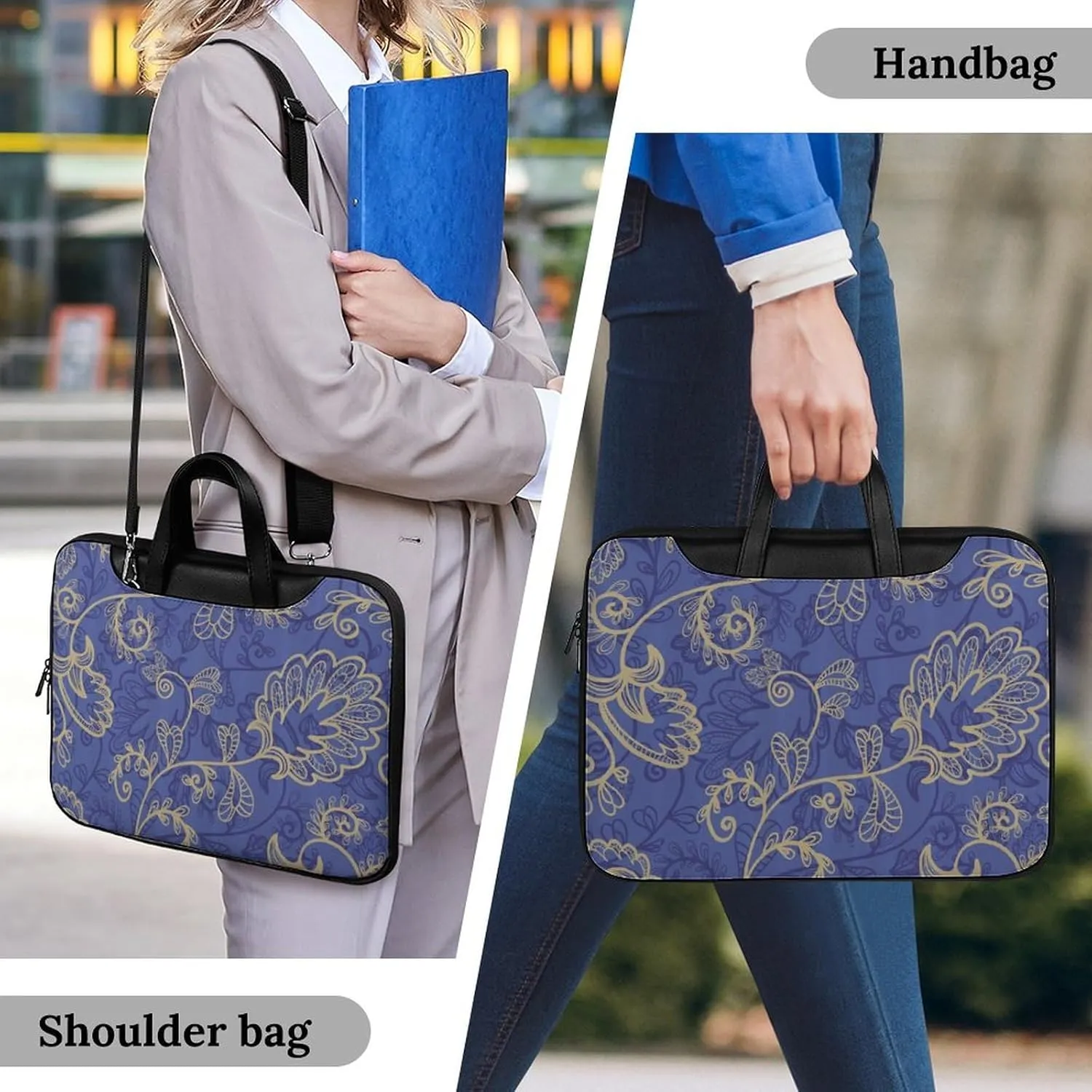 Romantic Flora Leaves Ornate Petals Leather Bag Laptop Case Slim Water Resistant Computer Bags with Handle Briefcase for Work
