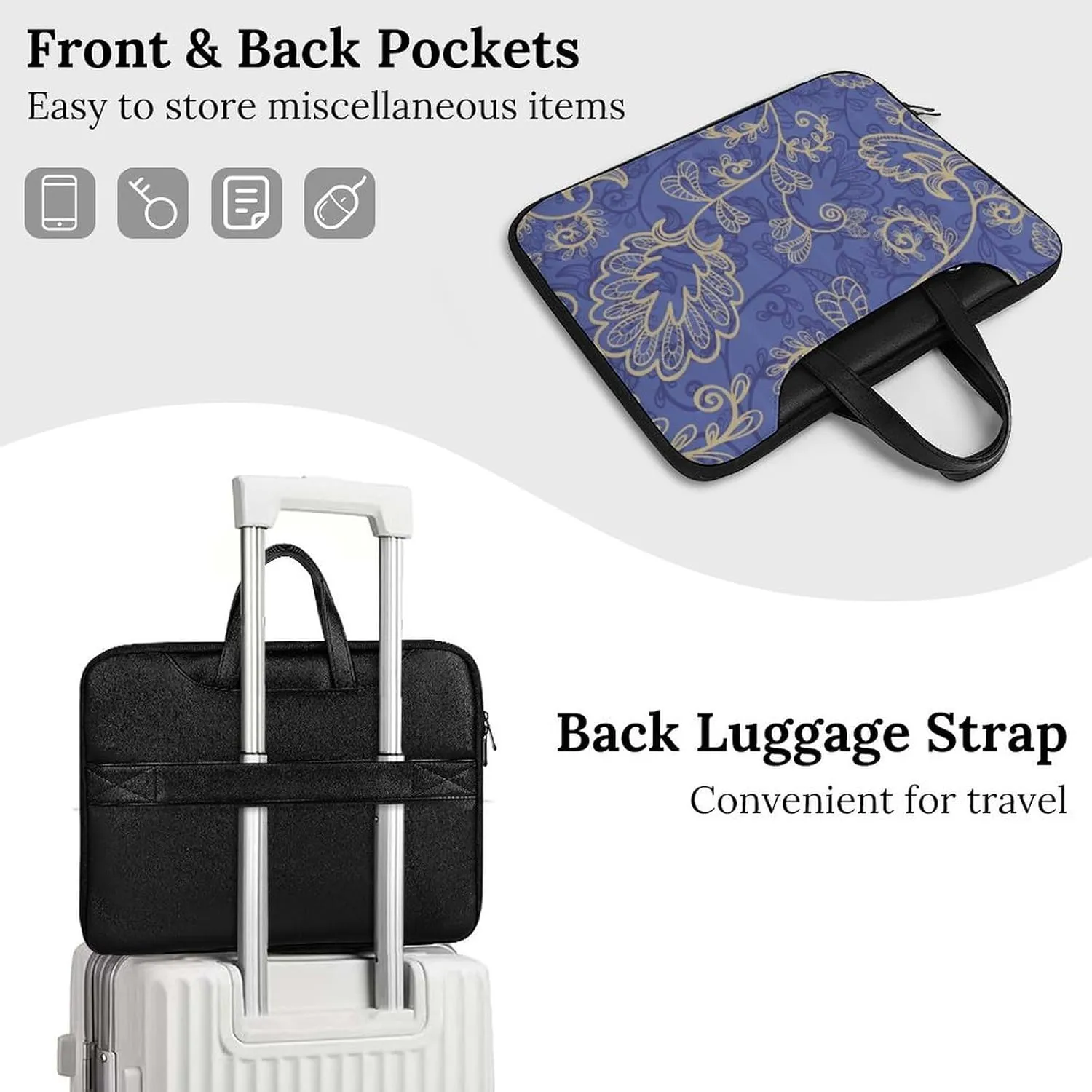 Romantic Flora Leaves Ornate Petals Leather Bag Laptop Case Slim Water Resistant Computer Bags with Handle Briefcase for Work
