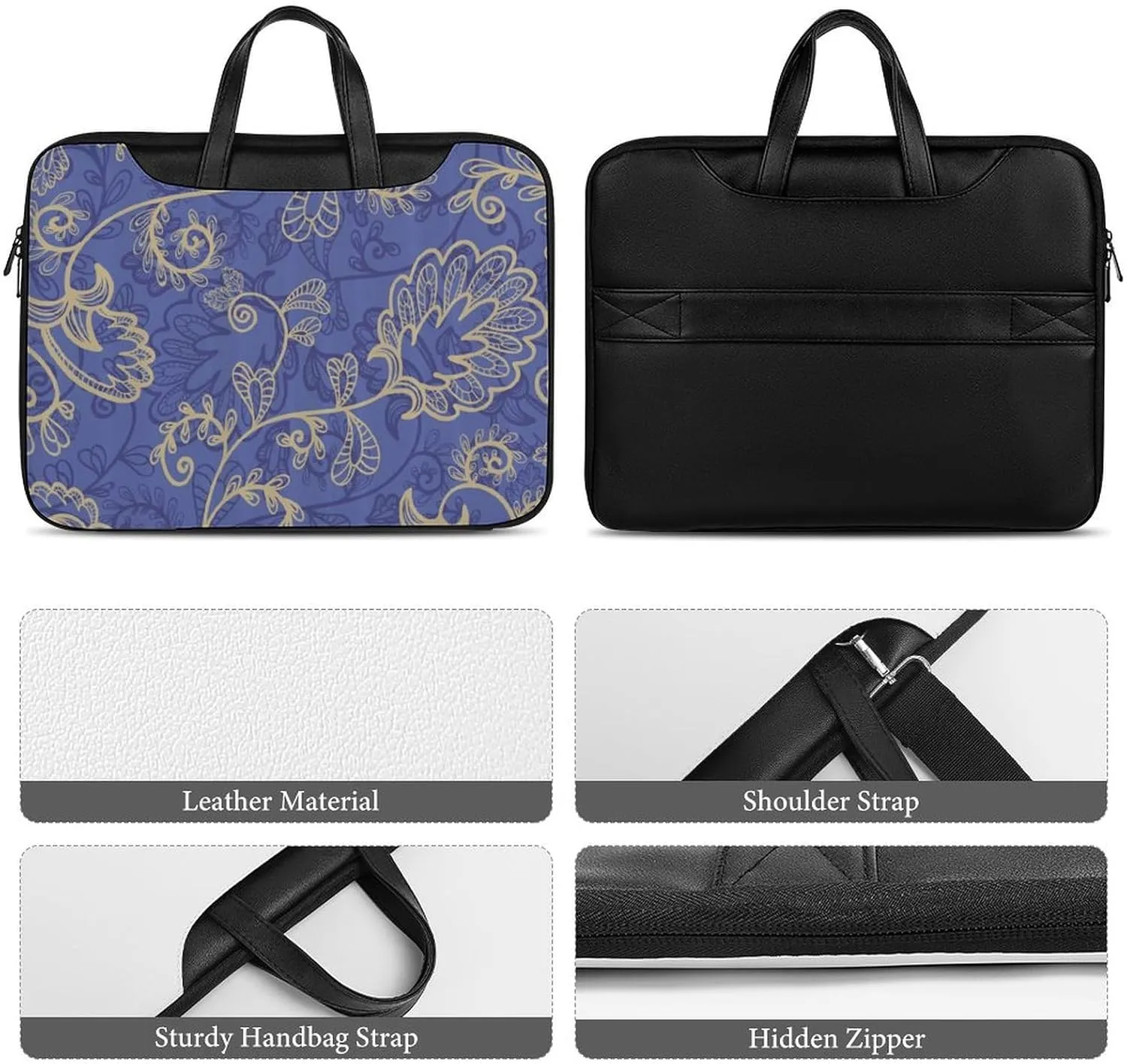 Romantic Flora Leaves Ornate Petals Leather Bag Laptop Case Slim Water Resistant Computer Bags with Handle Briefcase for Work