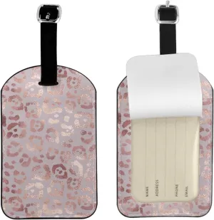 Rose Gold Leopard Leather Luggage Tags for Travel Baggage Bag Name Id Labels with Privacy Cover for Suitcase 2 Pack