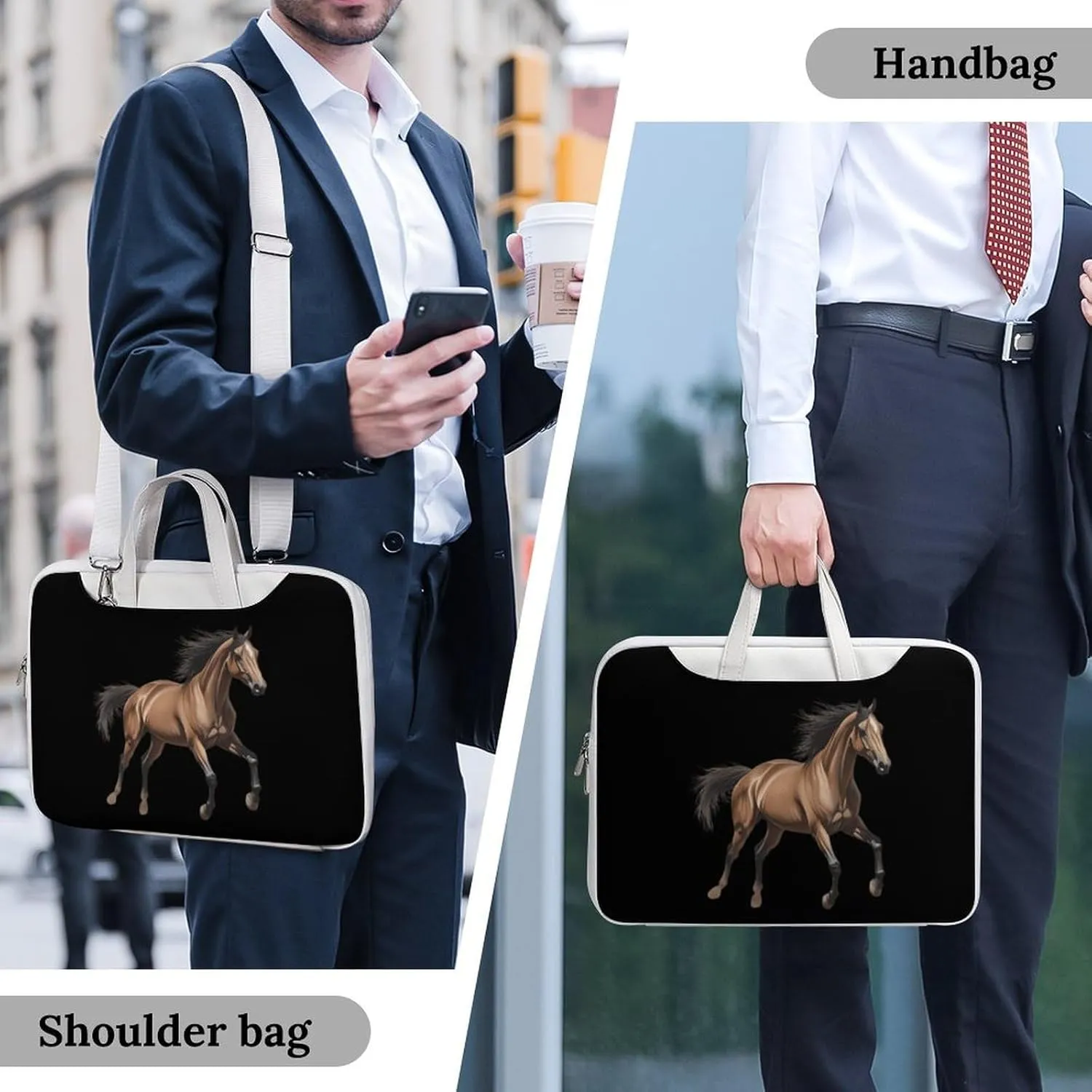 Running Arabian Horse Leather Bag Laptop Case Slim Water Resistant Computer Bags with Handle Briefcase for Work