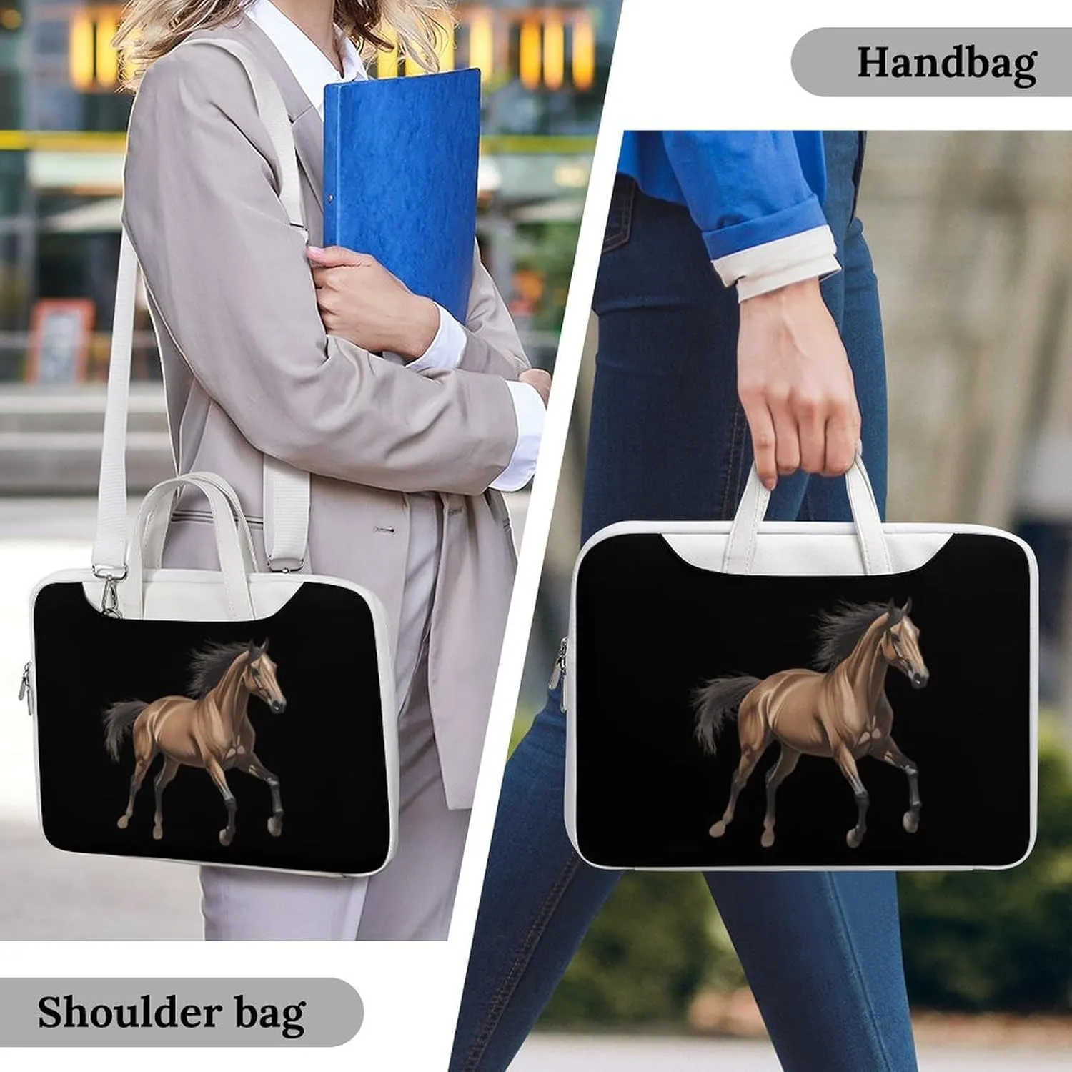 Running Arabian Horse Leather Bag Laptop Case Slim Water Resistant Computer Bags with Handle Briefcase for Work