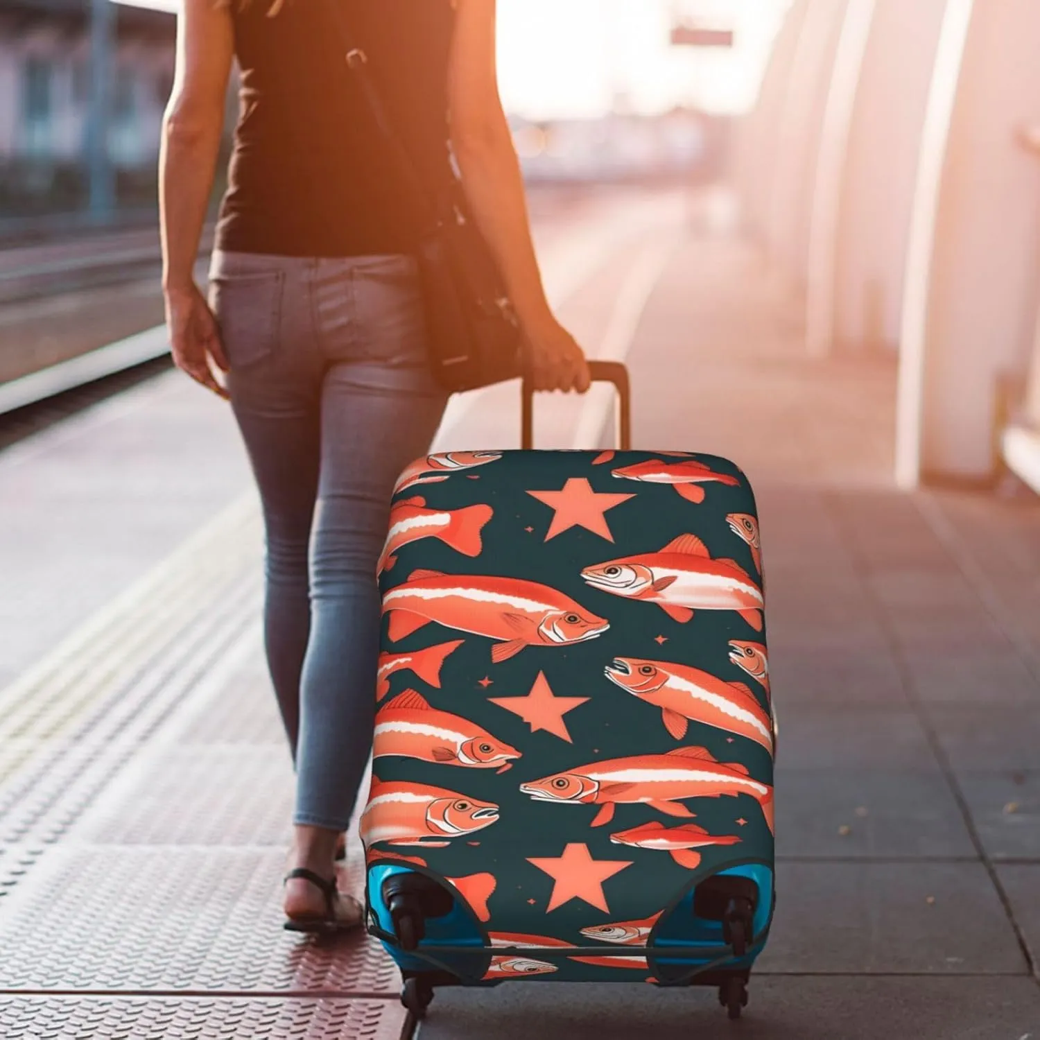 Salmon Print Washable Suitcase Cover Protective Luggage Cover Anti Scratch Travel Gear Protector