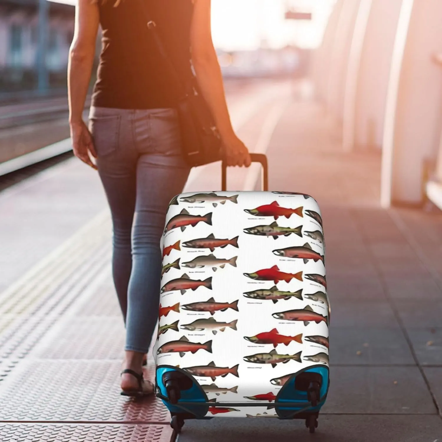 Salmon Print Washable Suitcase Cover Protective Luggage Cover Anti Scratch Travel Gear Protector