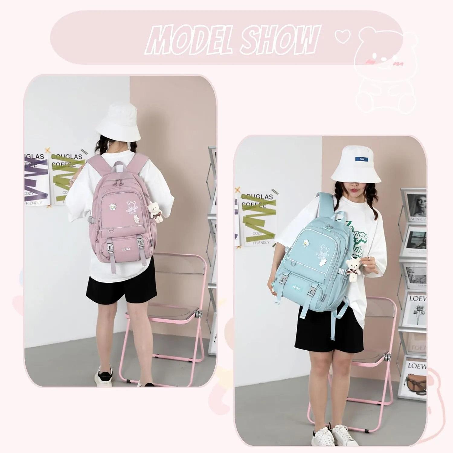 School Bags for Girls,Elementary Middle School Students Bookbag, Kids Backpack with Pendent&Pins Outdoor Backpacks for Girls