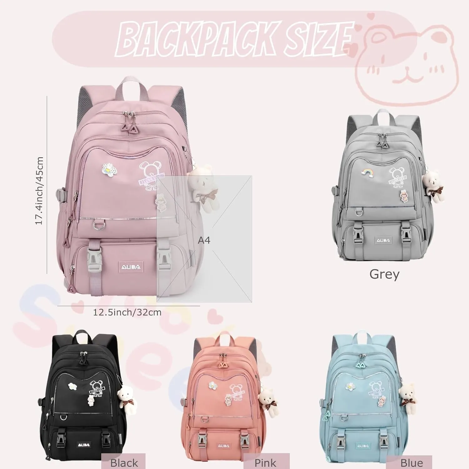 School Bags for Girls,Elementary Middle School Students Bookbag, Kids Backpack with Pendent&Pins Outdoor Backpacks for Girls
