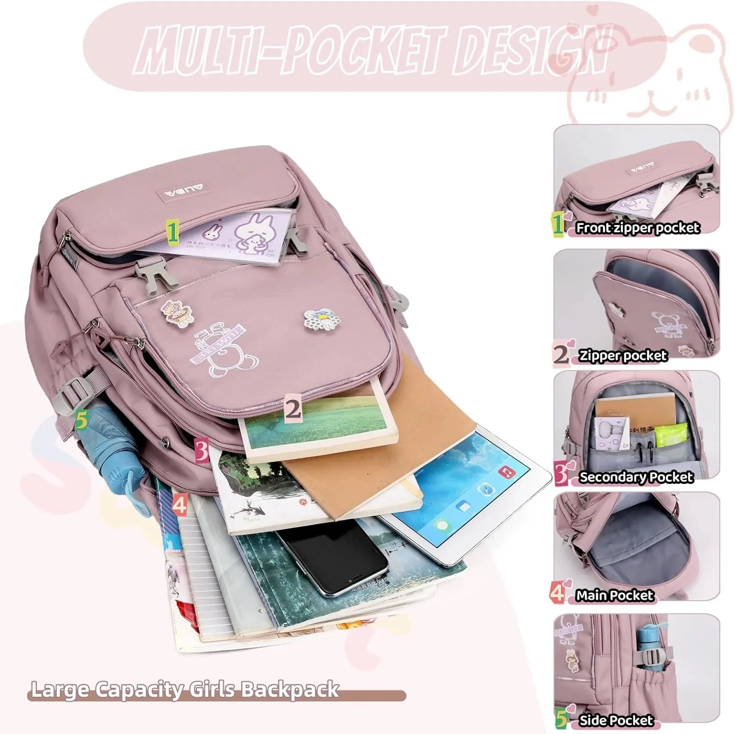 School Bags for Girls,Elementary Middle School Students Bookbag, Kids Backpack with Pendent&Pins Outdoor Backpacks for Girls