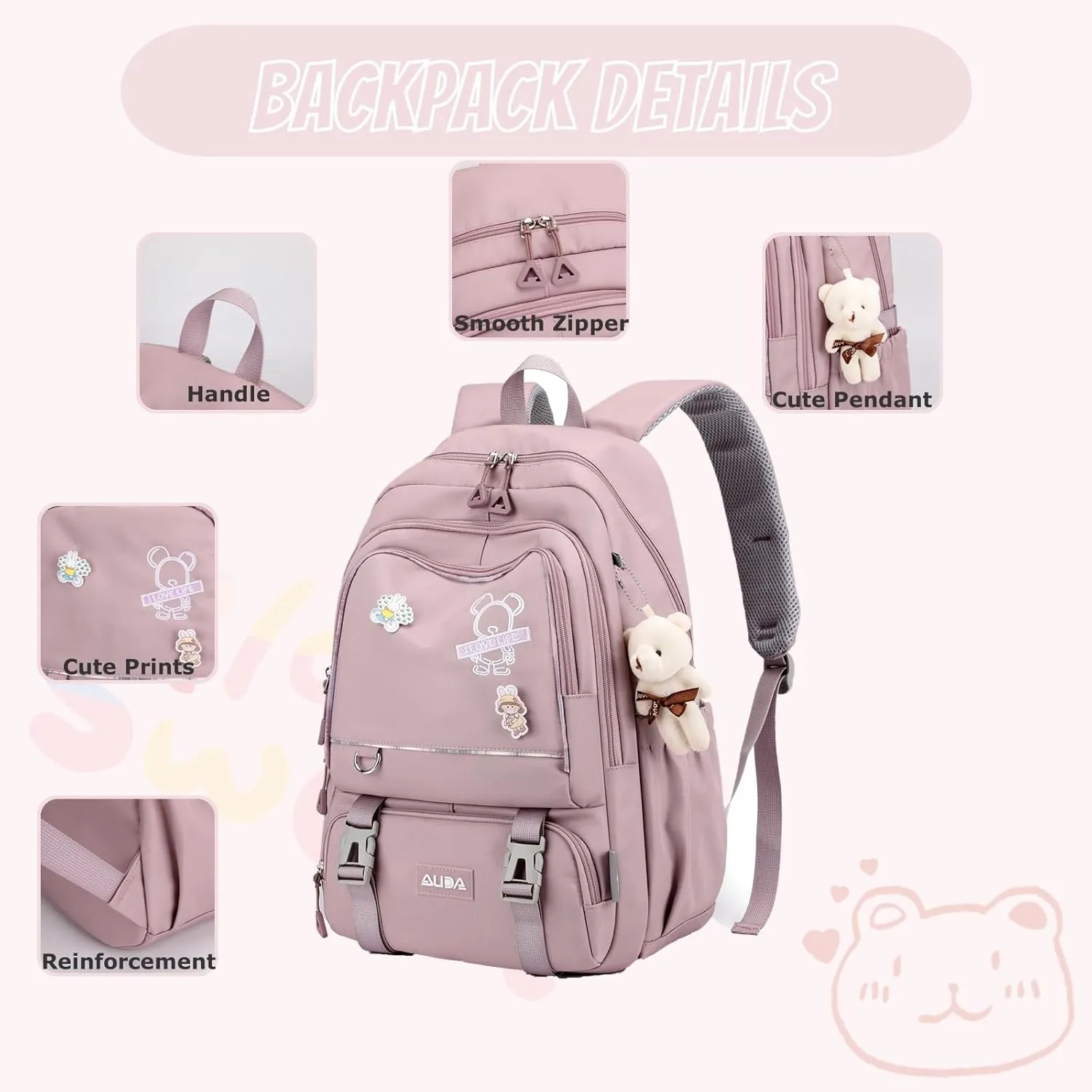 School Bags for Girls,Elementary Middle School Students Bookbag, Kids Backpack with Pendent&Pins Outdoor Backpacks for Girls