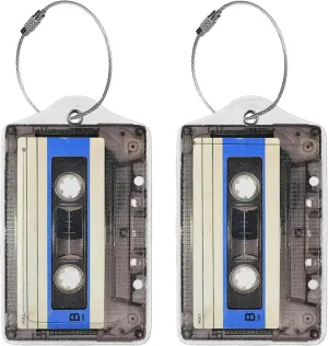 Set of 2 Vintage Cassette Tape Luggage Tags for Travel Suitcases, PU Leather Travel Luggage Tag Name ID Identifier Labels with Stainless Steel Loop, Qxlgtgs0730-2