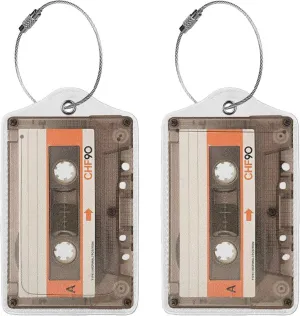 Set of 2 Vintage Cassette Tape Luggage Tags for Travel Suitcases, PU Leather Travel Tags for Luggage ID Labels Privacy Cover with Stainless Steel Loop