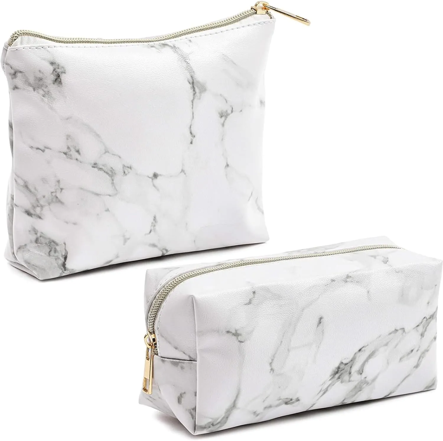 Set of 2 White Marble Makeup Organizer Bag, Cosmetic Storage Pouch, Travel Toiletry Case