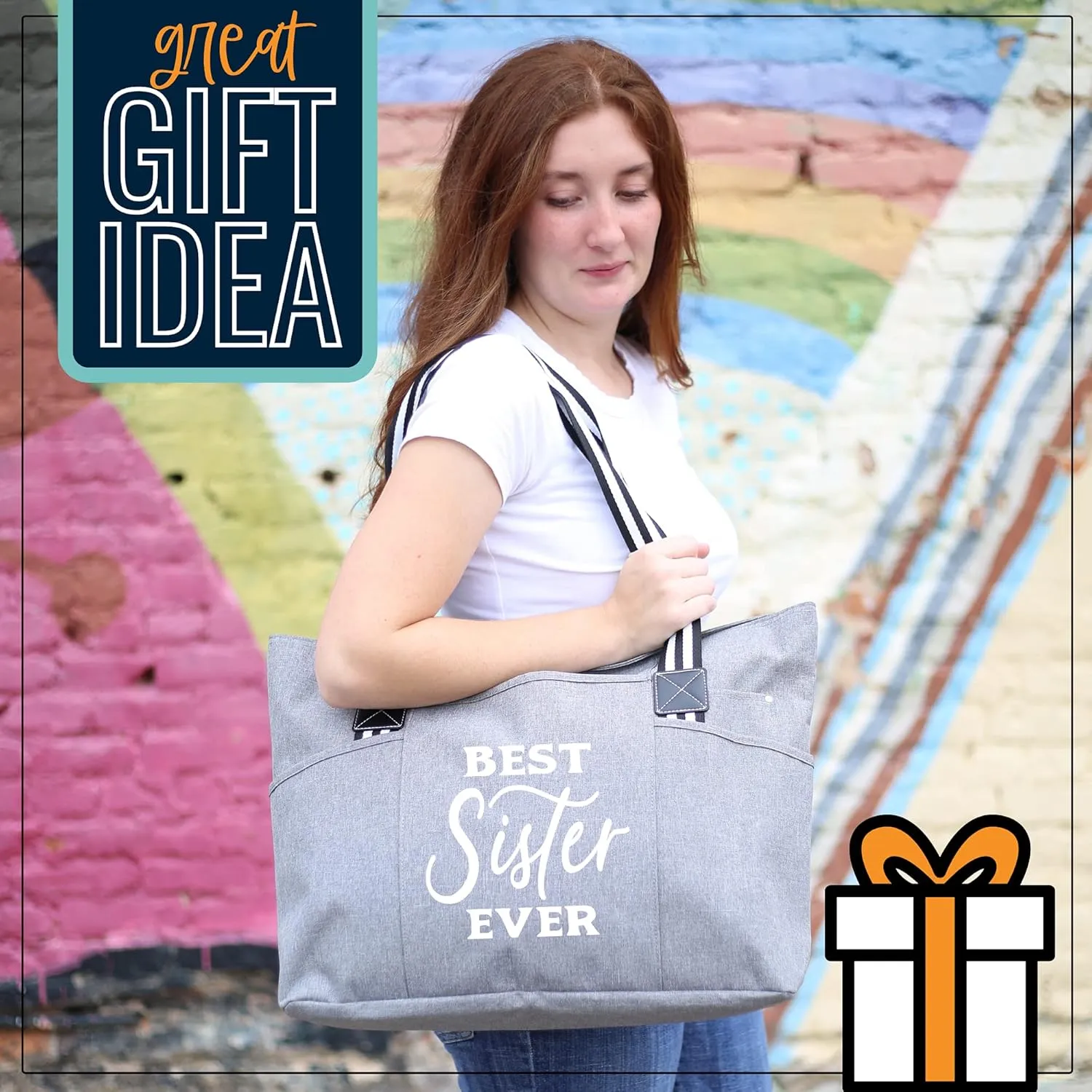 Sister Gifts - Gift for Sisters from Sister and Brother-Zippered Canvas Tote Bag with Pockets- Gift for Birthdays, Christmas