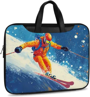 Skier Ski Skiing On Snowy Mountain Leather Bag Laptop Case Slim Water Resistant Computer Bags with Handle Briefcase for Work