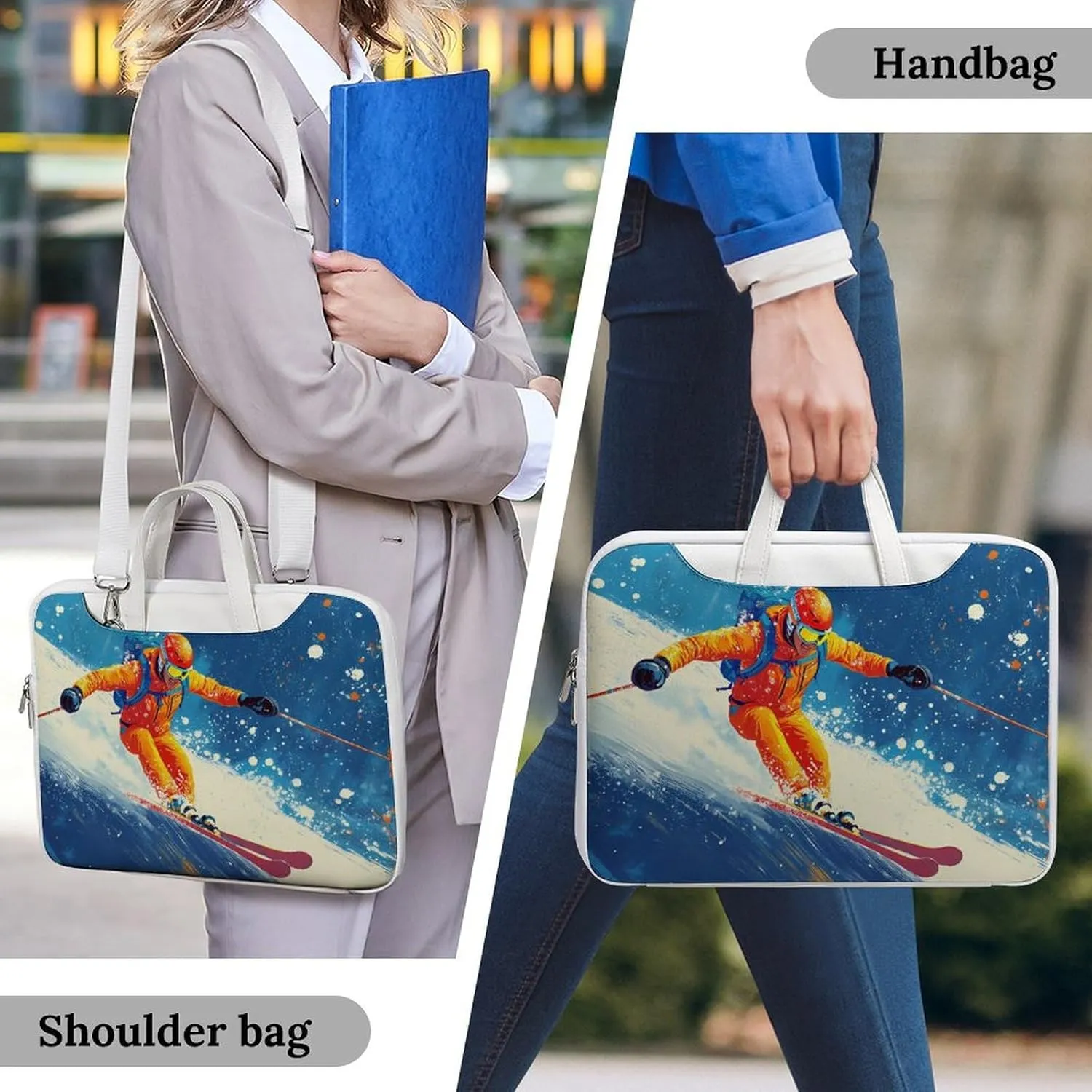 Skier Ski Skiing On Snowy Mountain Leather Bag Laptop Case Slim Water Resistant Computer Bags with Handle Briefcase for Work