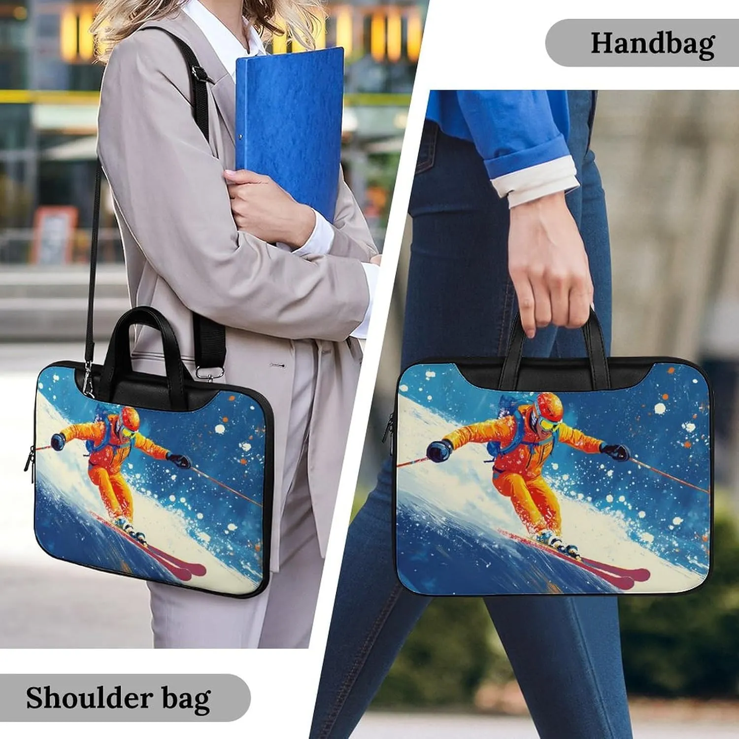Skier Ski Skiing On Snowy Mountain Leather Bag Laptop Case Slim Water Resistant Computer Bags with Handle Briefcase for Work