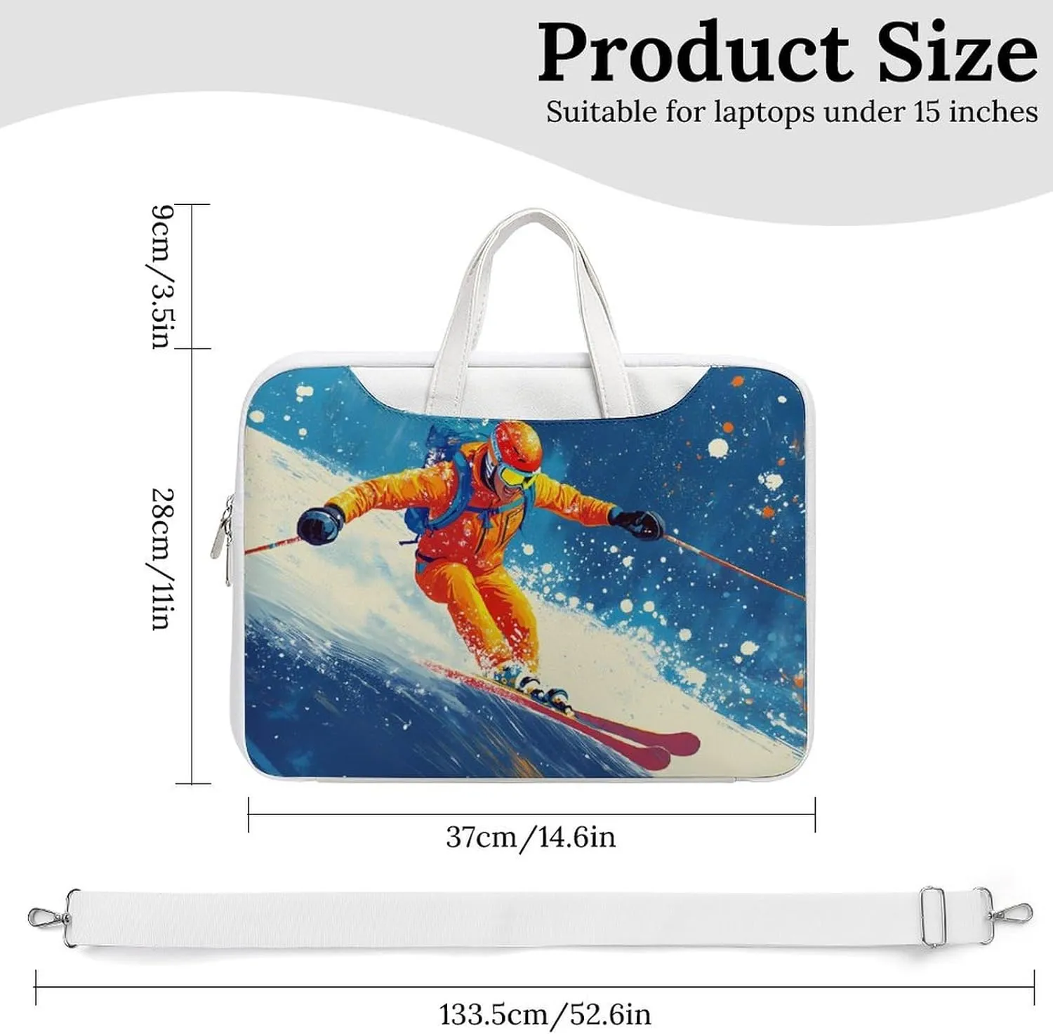 Skier Ski Skiing On Snowy Mountain Leather Bag Laptop Case Slim Water Resistant Computer Bags with Handle Briefcase for Work
