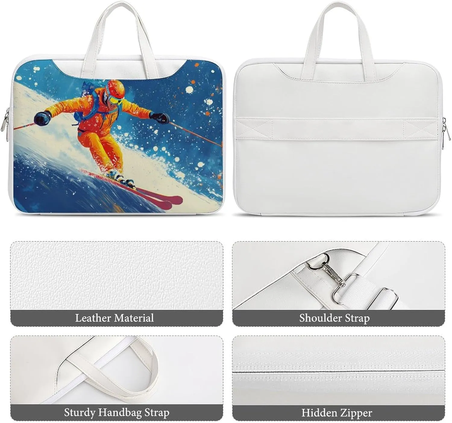 Skier Ski Skiing On Snowy Mountain Leather Bag Laptop Case Slim Water Resistant Computer Bags with Handle Briefcase for Work