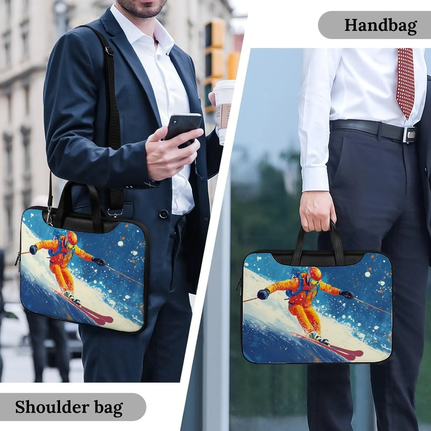 Skier Ski Skiing On Snowy Mountain Leather Bag Laptop Case Slim Water Resistant Computer Bags with Handle Briefcase for Work