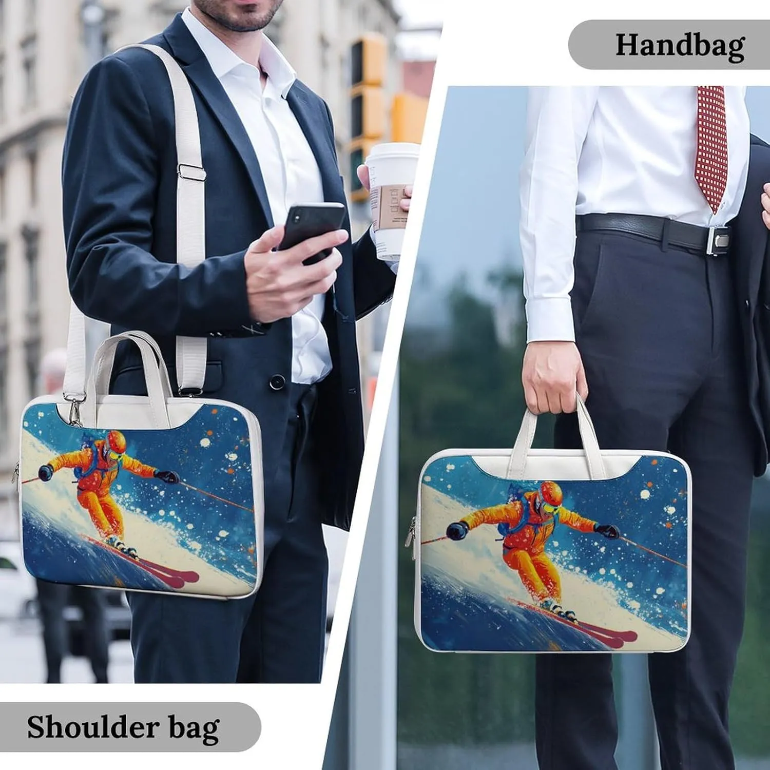 Skier Ski Skiing On Snowy Mountain Leather Bag Laptop Case Slim Water Resistant Computer Bags with Handle Briefcase for Work