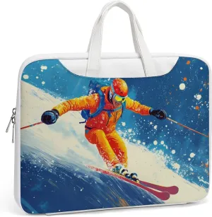 Skier Ski Skiing On Snowy Mountain Leather Bag Laptop Case Slim Water Resistant Computer Bags with Handle Briefcase for Work