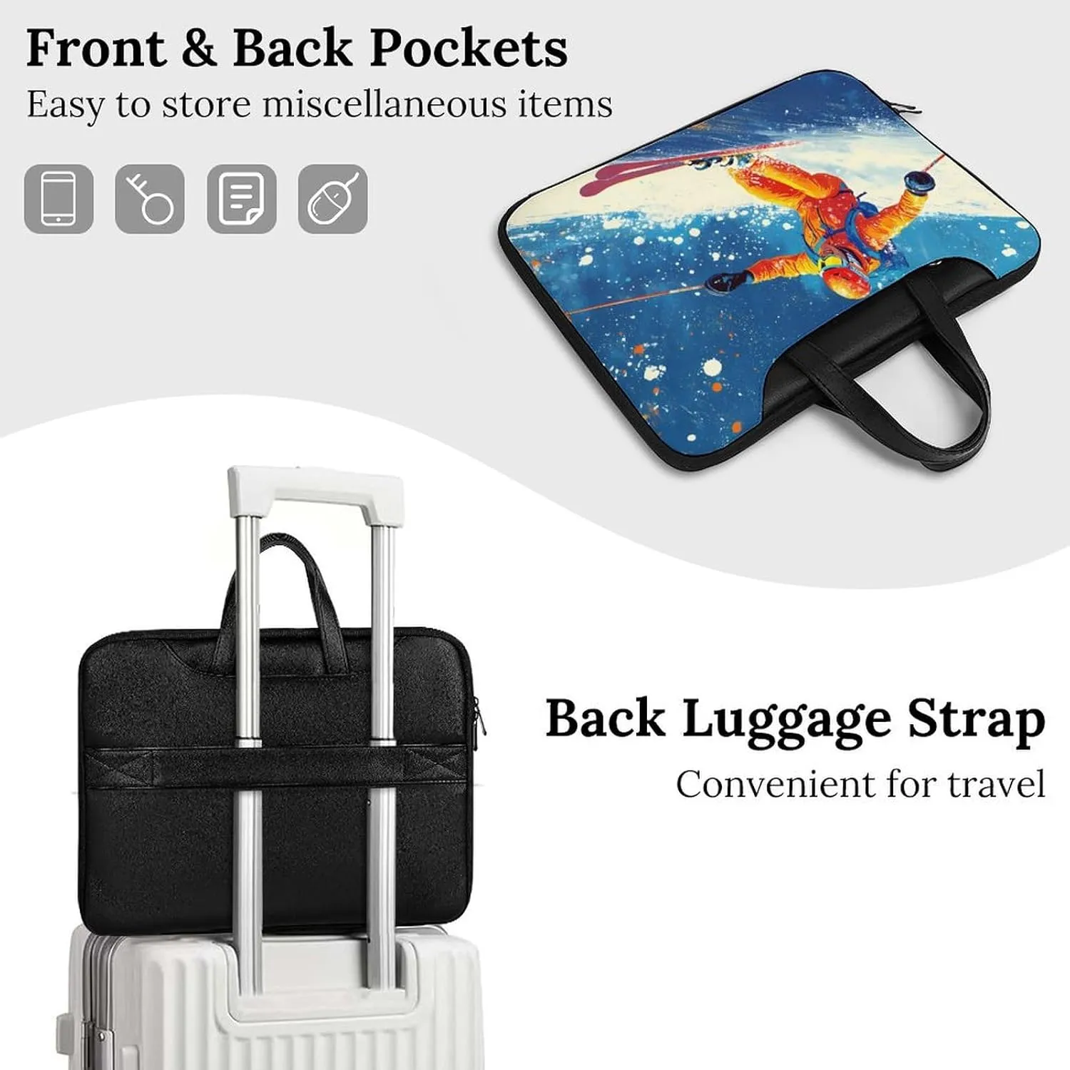 Skier Ski Skiing On Snowy Mountain Leather Bag Laptop Case Slim Water Resistant Computer Bags with Handle Briefcase for Work