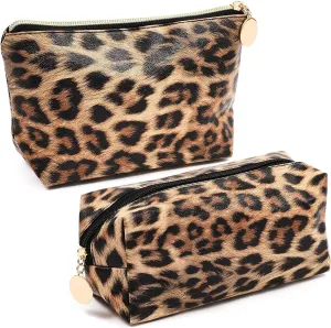 Small Leopard Print Faux Leather Makeup Bag (8 x 3 x 5 in, 2-Pack)