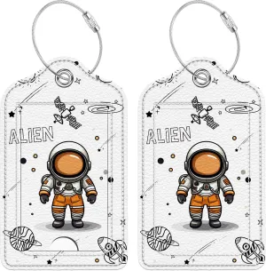 Space Astronaut Satellite Luggage Tags for Suitcase, 2 Pcs Leather Travel Baggage Tag with Full Privacy Cover Stainless Steel Loop and Address Card for Women Men Travel