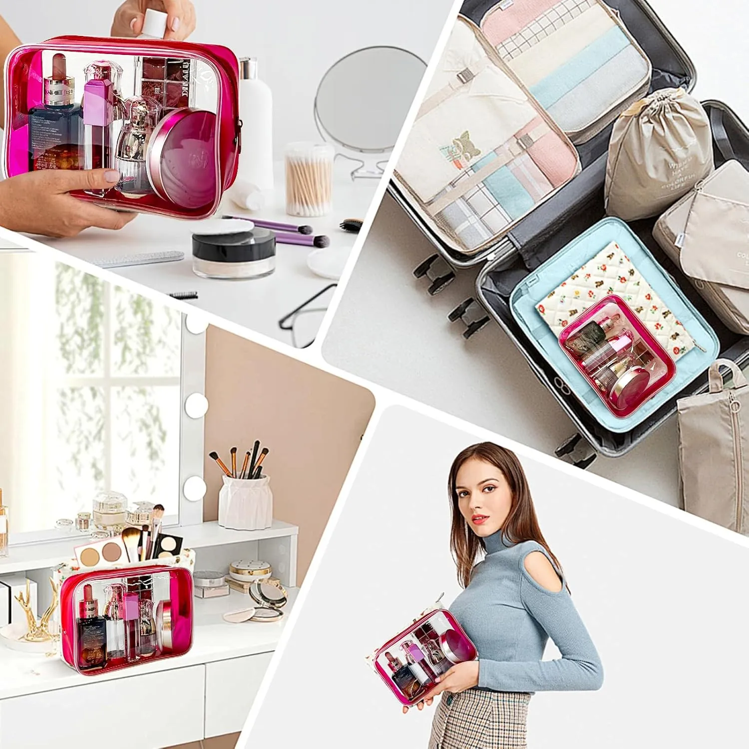 Stadium Approved Pink Frame Clear Toiletry Bag TSA Approved Clear Organizer Bags Portable Travel Makeup Bags with Zipper for Women Frame (Pink)