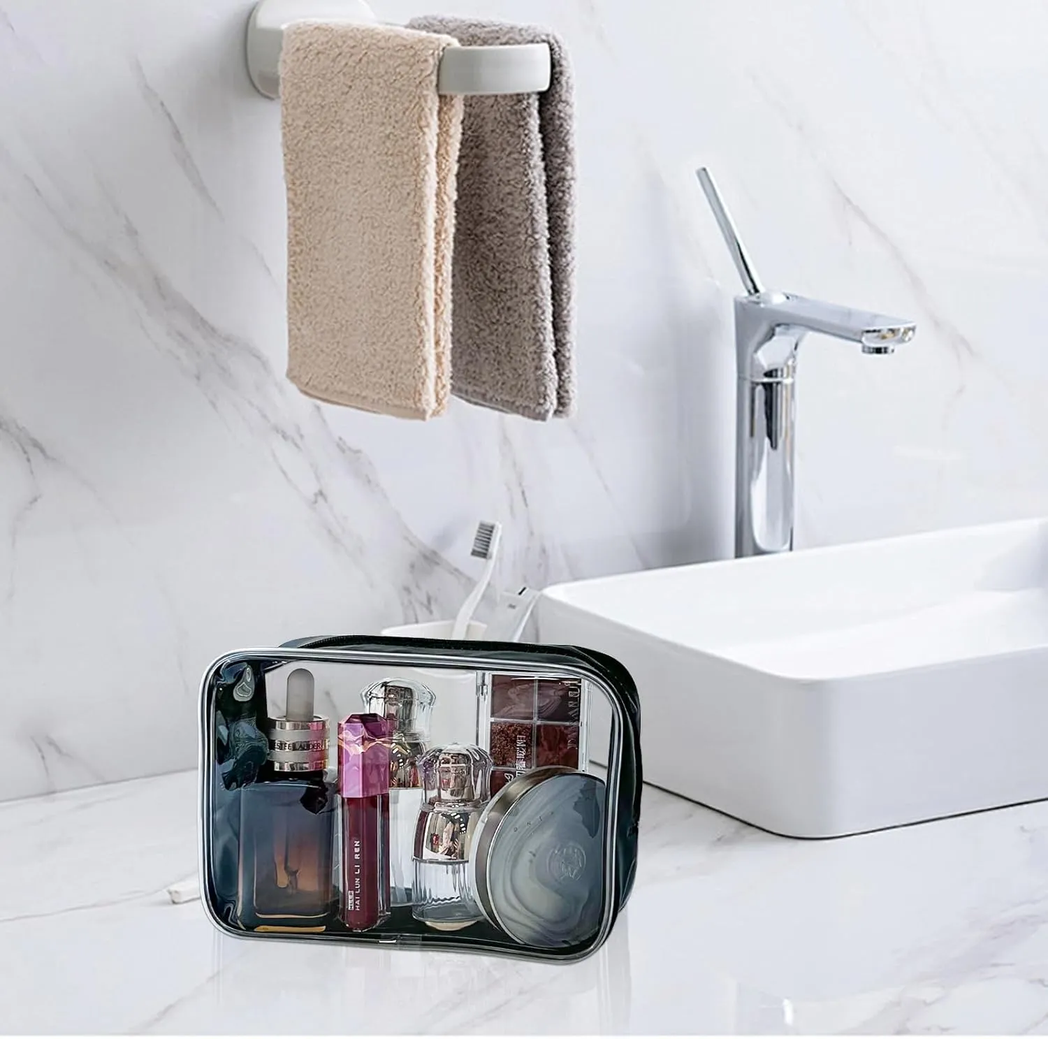 Stadium Approved Red Frame Clear Toiletry Bag TSA Approved Clear Organizer Bags Portable Travel Makeup Bags with Zipper for Women (Red)