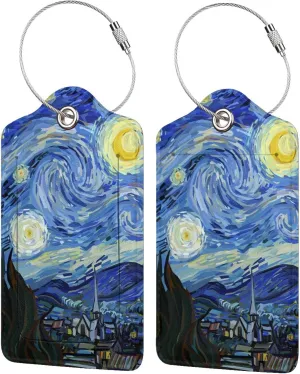 Starry Night Luggage Tags Set of 2 Leather Luggage Tags Privacy Cover Suitcase Label with Stainless Steel Loop for Women Men Travel