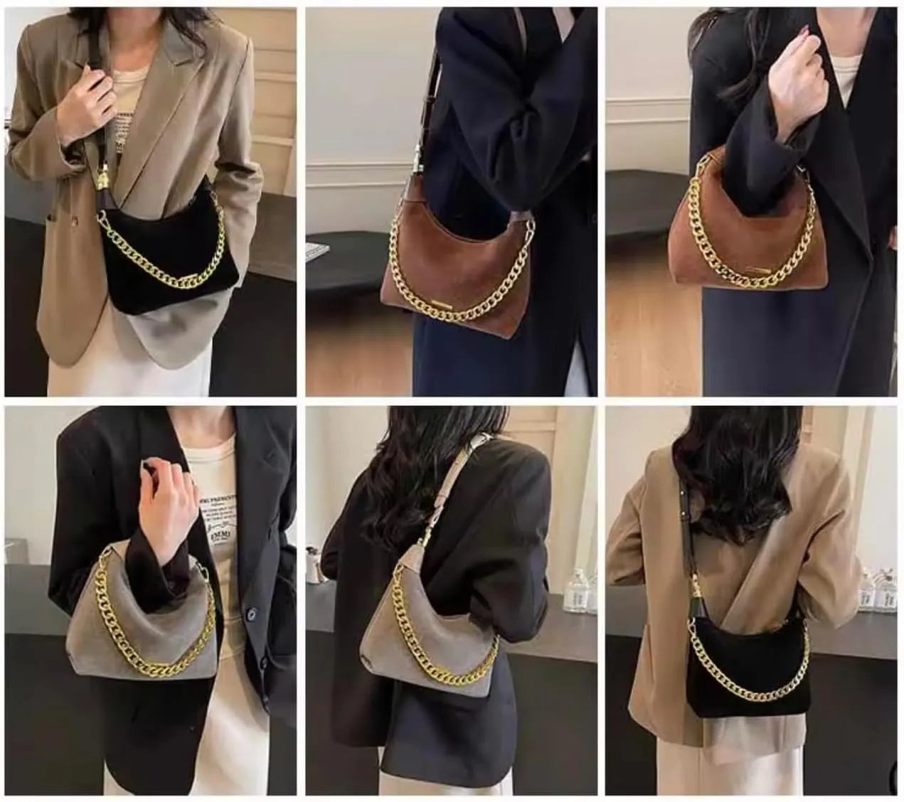 Stylish Brown Suede and Leather Handbag with Gold Chain Handle