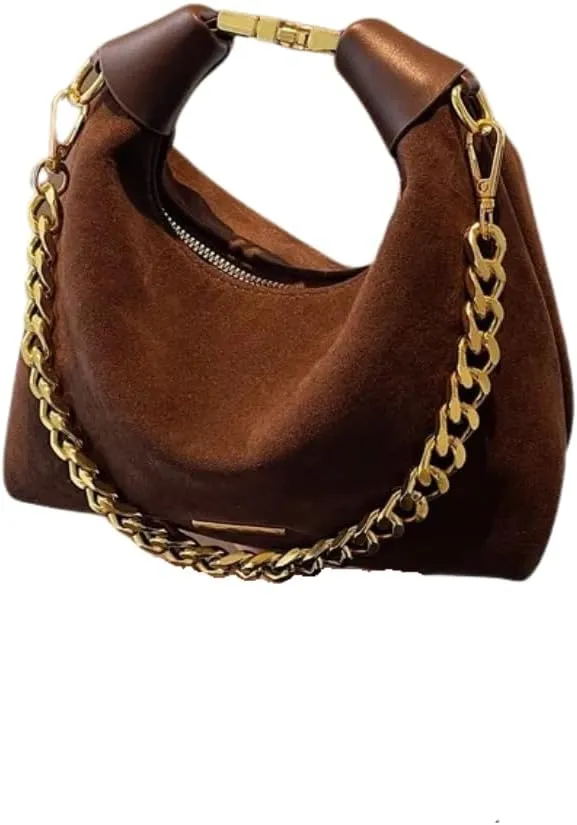 Stylish Brown Suede and Leather Handbag with Gold Chain Handle