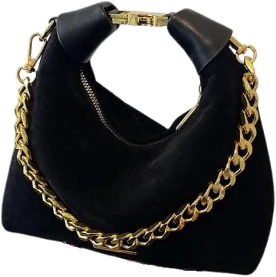 Stylish Brown Suede and Leather Handbag with Gold Chain Handle