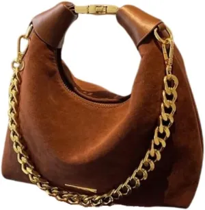 Stylish Brown Suede and Leather Handbag with Gold Chain Handle
