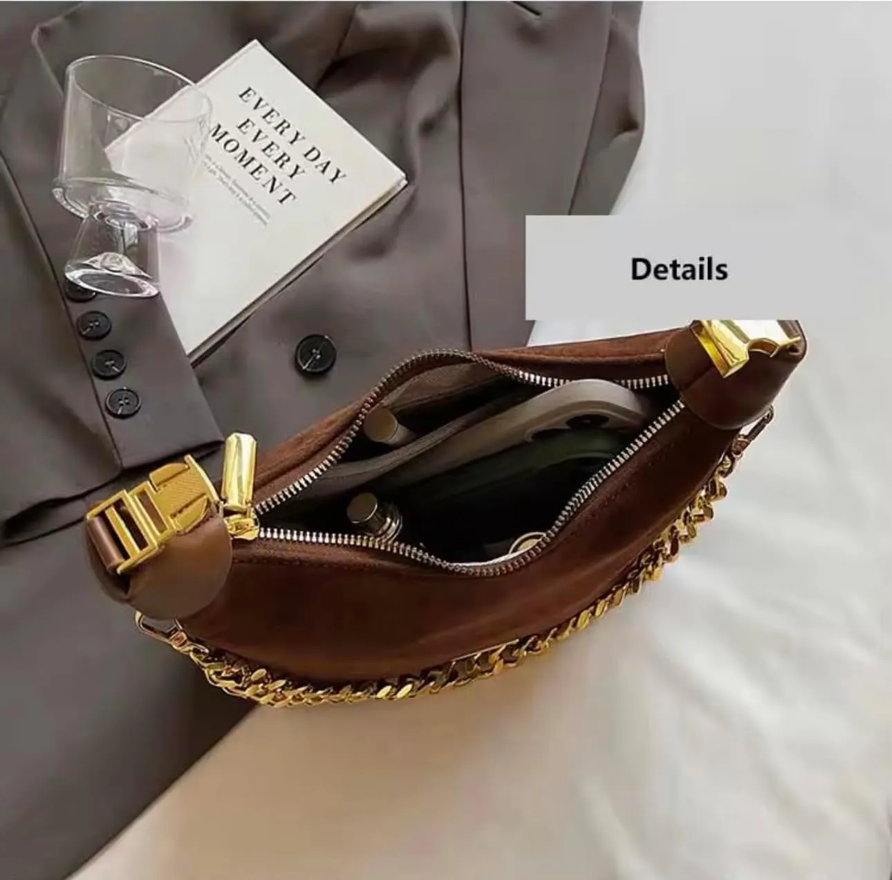 Stylish Brown Suede and Leather Handbag with Gold Chain Handle