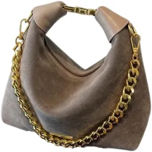 Stylish Brown Suede and Leather Handbag with Gold Chain Handle