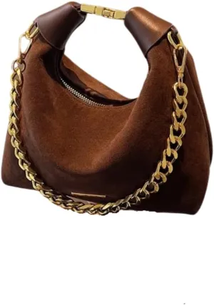 Stylish Brown Suede and Leather Handbag with Gold Chain Handle