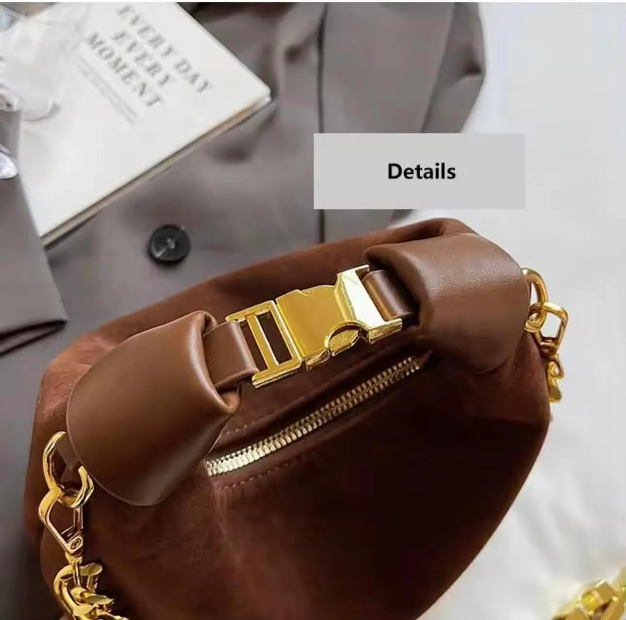 Stylish Brown Suede and Leather Handbag with Gold Chain Handle