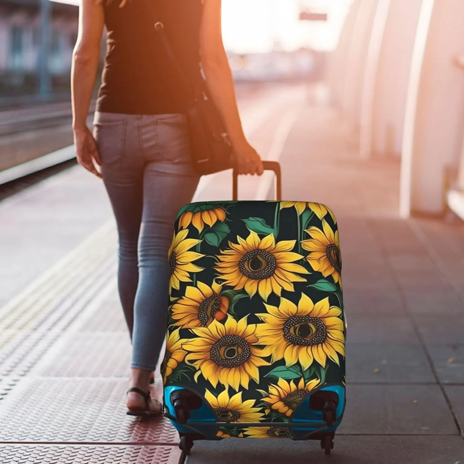 Sunflower Print Washable Suitcase Cover Protective Luggage Cover Anti Scratch Travel Gear Protector