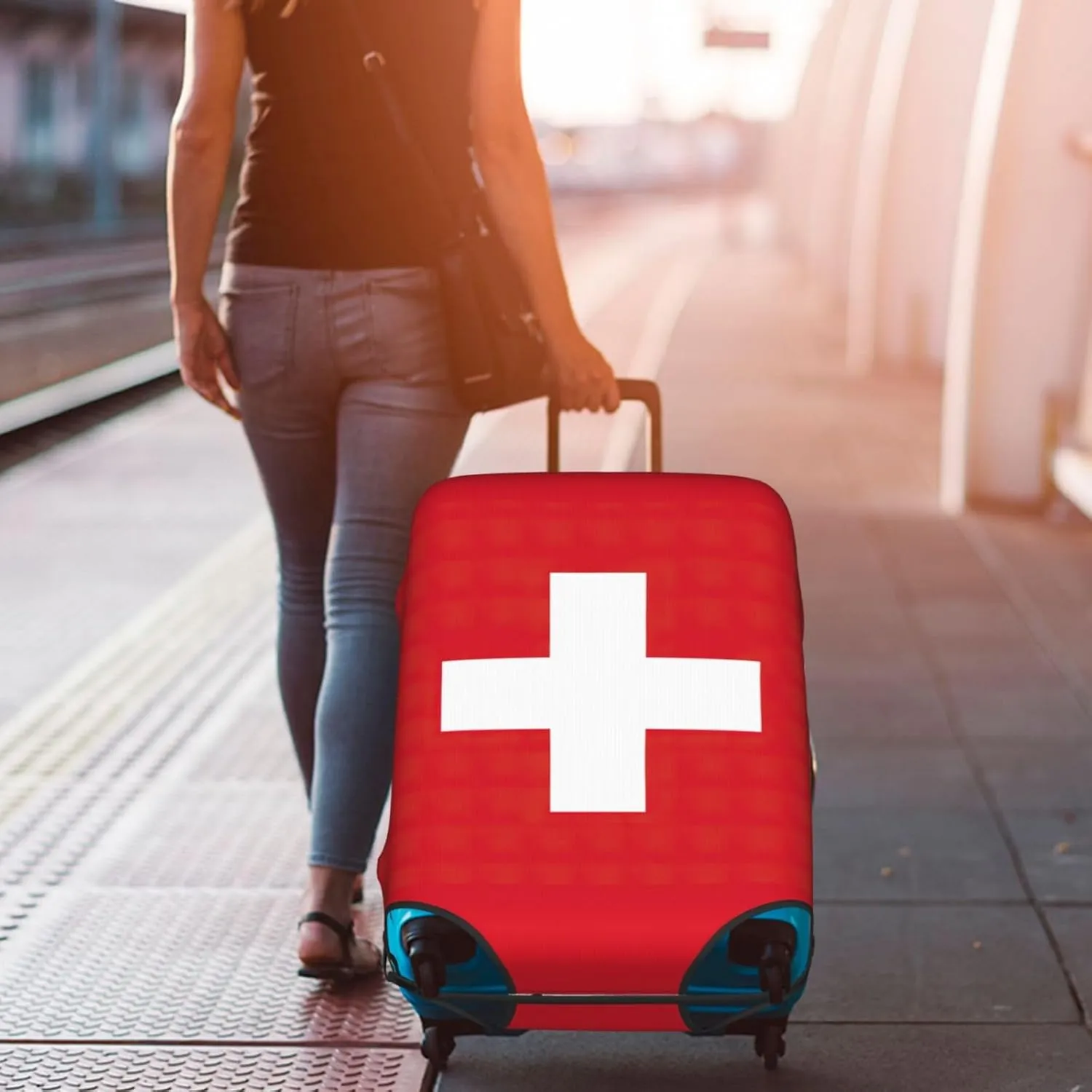 Swiss Flag Print Washable Suitcase Cover Protective Luggage Cover Anti Scratch Travel Gear Protector
