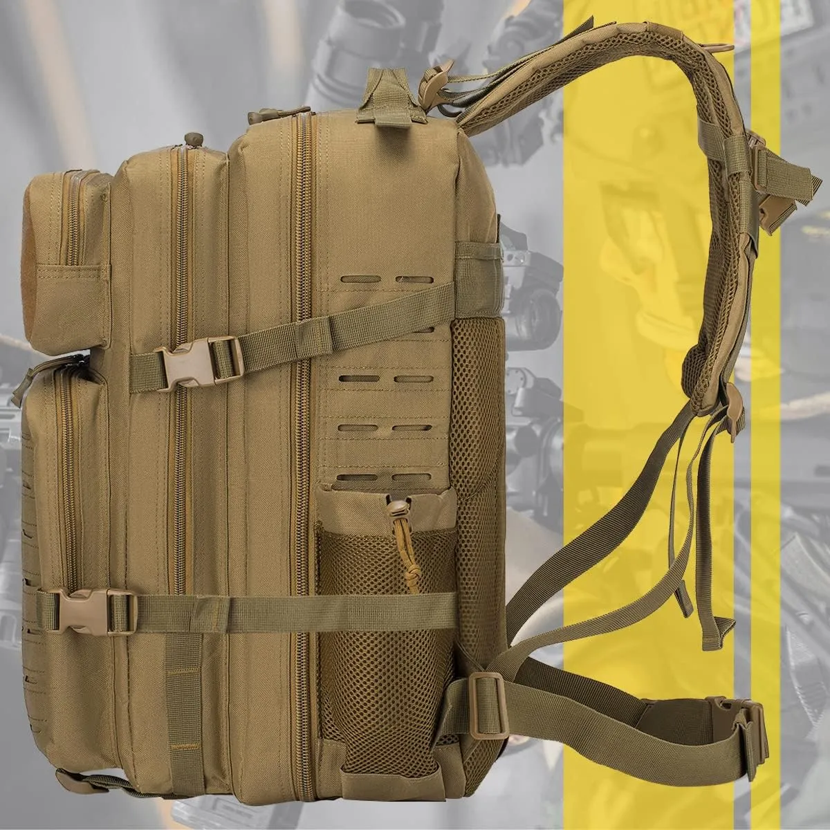 Tactical Military Backpack for Man, 45L Waterproof Army Pack Rucksack Hiking Laptop Backpack 3 Day Bug Out Bag, Includes Two Flags and Two Carabiner