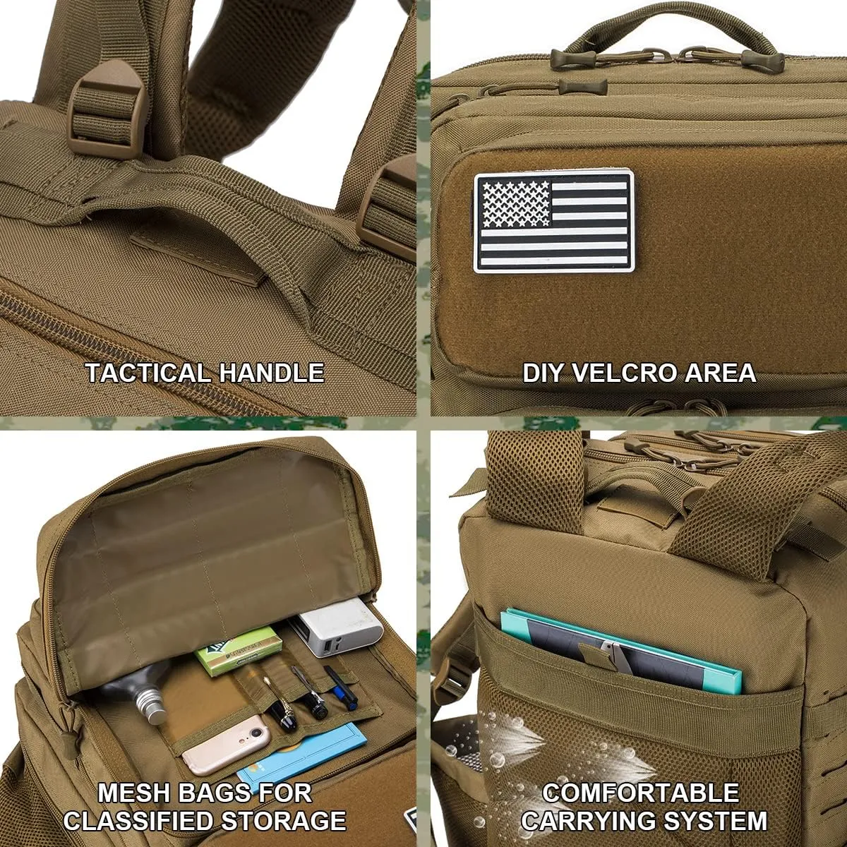 Tactical Military Backpack for Man, 45L Waterproof Army Pack Rucksack Hiking Laptop Backpack 3 Day Bug Out Bag, Includes Two Flags and Two Carabiner