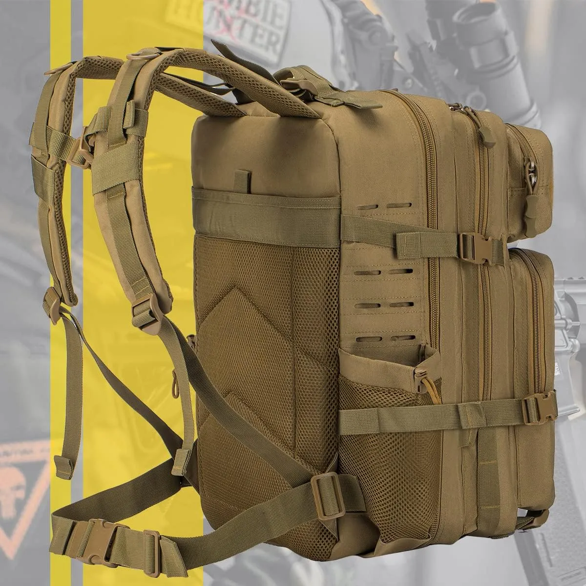 Tactical Military Backpack for Man, 45L Waterproof Army Pack Rucksack Hiking Laptop Backpack 3 Day Bug Out Bag, Includes Two Flags and Two Carabiner