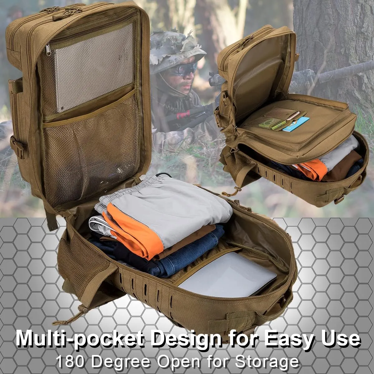 Tactical Military Backpack for Man, 45L Waterproof Army Pack Rucksack Hiking Laptop Backpack 3 Day Bug Out Bag, Includes Two Flags and Two Carabiner