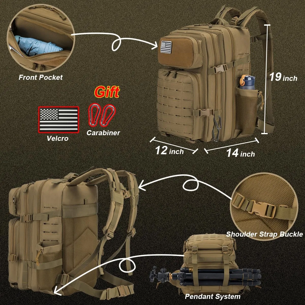 Tactical Military Backpack for Man, 45L Waterproof Army Pack Rucksack Hiking Laptop Backpack 3 Day Bug Out Bag, Includes Two Flags and Two Carabiner