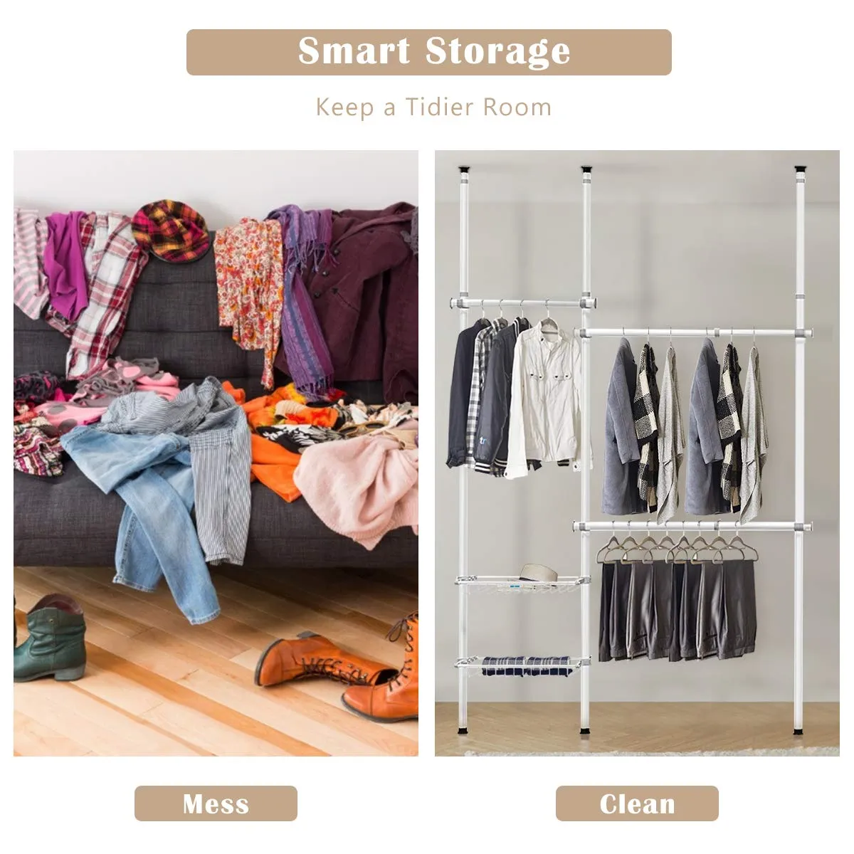 Tangkula Double 2 Tier Adjustable Closet System, Floor to Ceiling Clothes Hanger with 2 Storage Baskets & Inner Spring