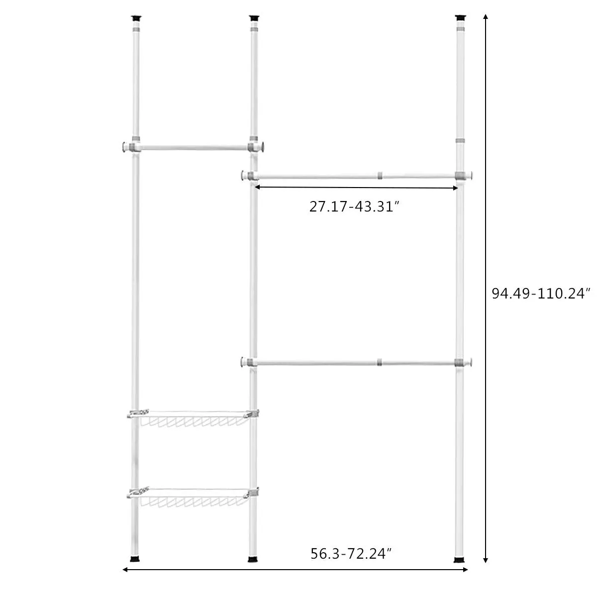 Tangkula Double 2 Tier Adjustable Closet System, Floor to Ceiling Clothes Hanger with 2 Storage Baskets & Inner Spring