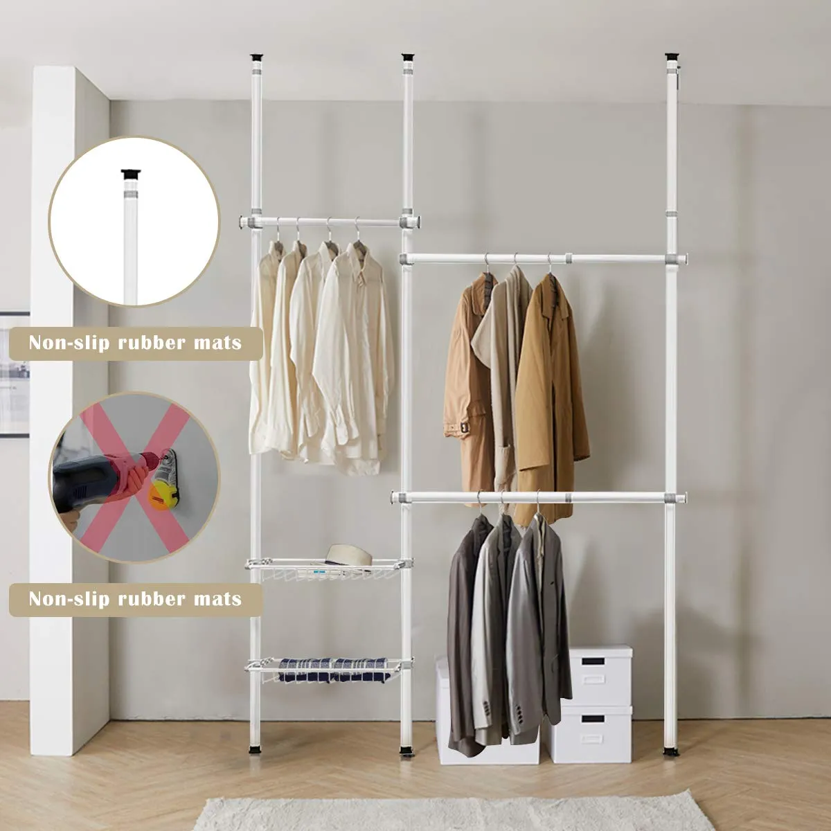 Tangkula Double 2 Tier Adjustable Closet System, Floor to Ceiling Clothes Hanger with 2 Storage Baskets & Inner Spring