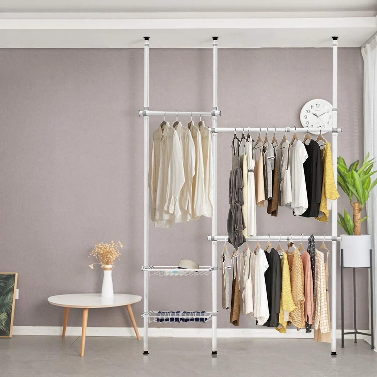 Tangkula Double 2 Tier Adjustable Closet System, Floor to Ceiling Clothes Hanger with 2 Storage Baskets & Inner Spring